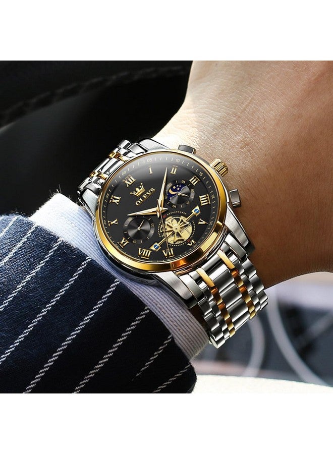 أوليفز ساعات OLEVS للرجال كرونوغراف ساعات يد سوداء للأعمال كوارتز تناظرية بمرحلة القمر من الفولاذ المقاوم للصدأ ساعات رسمية مضيئة مقاومة للماء - Image 5