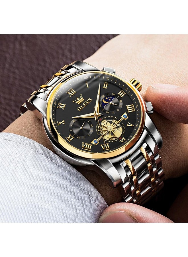 أوليفز ساعات OLEVS للرجال كرونوغراف ساعات يد سوداء للأعمال كوارتز تناظرية بمرحلة القمر من الفولاذ المقاوم للصدأ ساعات رسمية مضيئة مقاومة للماء - Image 4