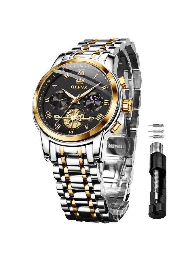 أوليفز ساعات OLEVS للرجال كرونوغراف ساعات يد سوداء للأعمال كوارتز تناظرية بمرحلة القمر من الفولاذ المقاوم للصدأ ساعات رسمية مضيئة مقاومة للماء - Image 1