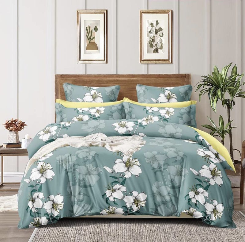 Subtlespreads Subtlespreads Cotton Feel Microfibre Double Bed Bedsheet with 2 Pillow Covers Green Lilies 90x100 inches Suitable for King Queen Size Beds 