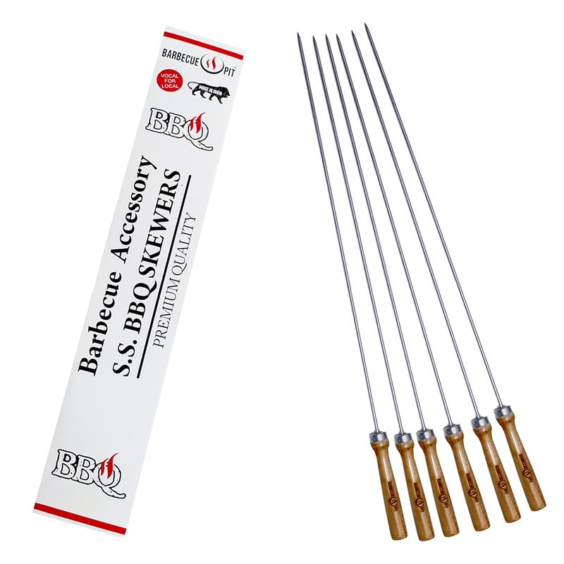BARBECUE PIT ® 4mm Round S.S. 304 Food Grade Skewer - 18" inches Long with Wooden Handle - Pack of 6pcs - Image 1