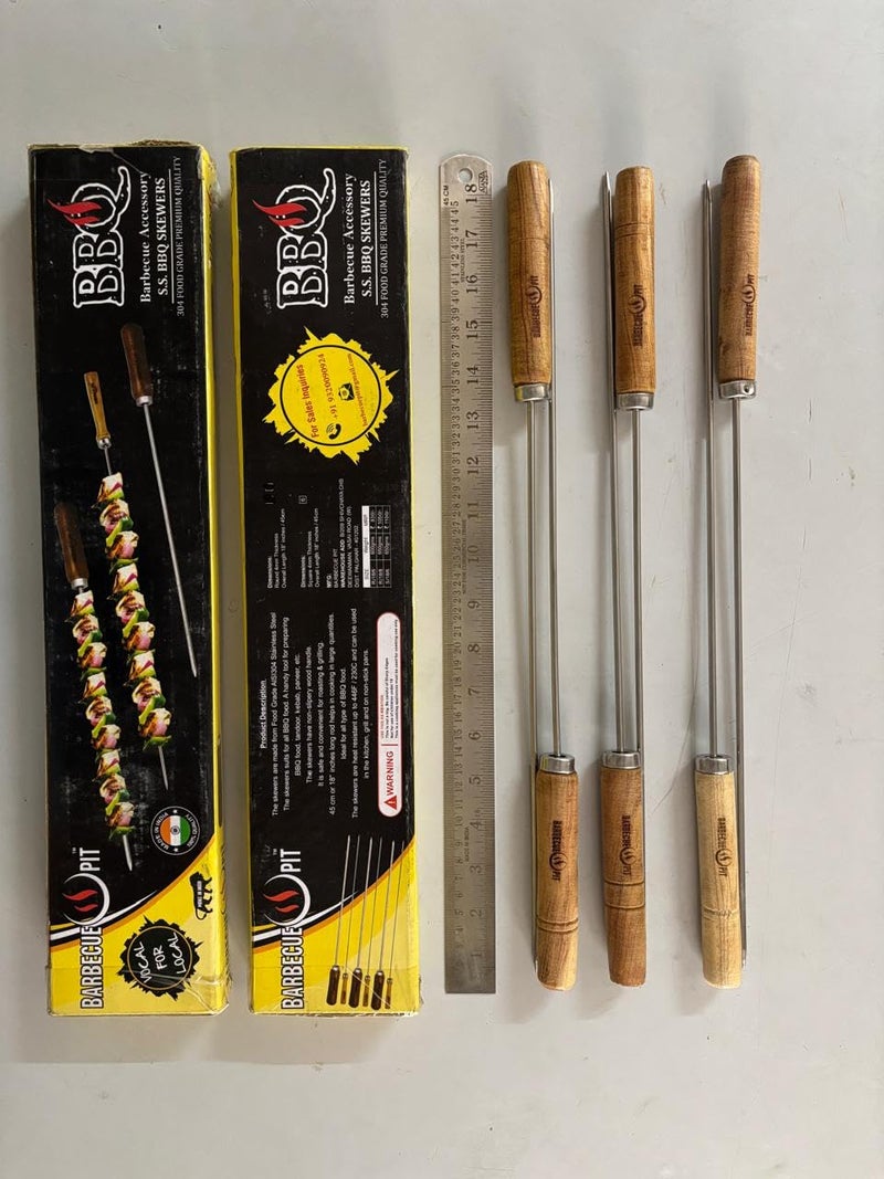 BARBECUE PIT ® 4mm Round S.S. 304 Food Grade Skewer - 18" inches Long with Wooden Handle - Pack of 6pcs - Image 2