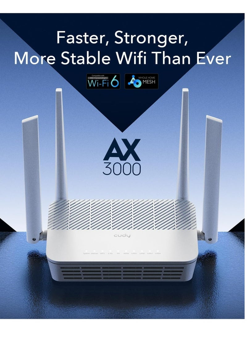 cudy - Cudy WR3000S AX3000 Dual Band WiFi 6 Mesh Router, 5 Gigabit Ethernet RJ45 Ports, 4 Antennas, MU-MIMO, OpenVPN, Wireguard, Zerotier, Ipsec VPN, Cloud APP - Image 1