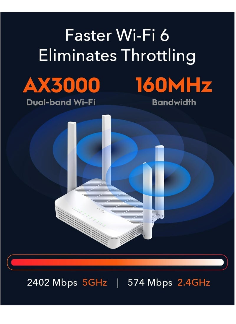 cudy - Cudy WR3000S AX3000 Dual Band WiFi 6 Mesh Router, 5 Gigabit Ethernet RJ45 Ports, 4 Antennas, MU-MIMO, OpenVPN, Wireguard, Zerotier, Ipsec VPN, Cloud APP - Image 1