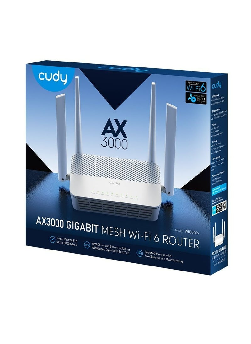 cudy - Cudy WR3000S AX3000 Dual Band WiFi 6 Mesh Router, 5 Gigabit Ethernet RJ45 Ports, 4 Antennas, MU-MIMO, OpenVPN, Wireguard, Zerotier, Ipsec VPN, Cloud APP - Image 1