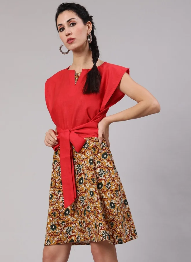 Aks  Red Floral Printed A-Line Dress For Women for Women | Best Price UAE