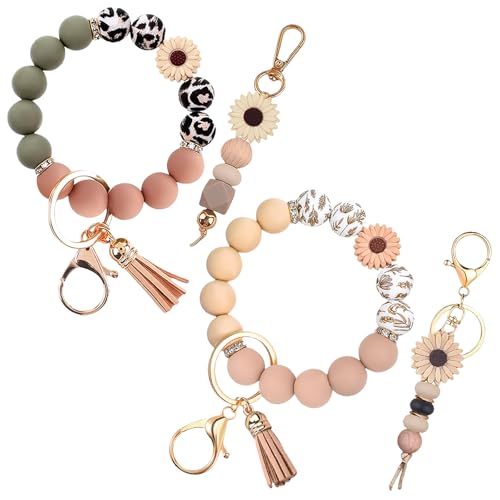 Qubusm 2PCS Bracelet Key Ring Set, Cute Car Key chain Wristlet, Silicone Beaded Bangle keyChains for Women Girls (Classic,Pink) - Image 1