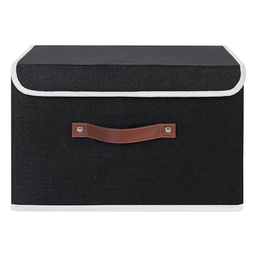 ANMINY Storage Bin with Lid Storage Boxes with PU Leather Handles PP Plastic Board Decorative Foldable Lidded Cotton Linen Fabric Home Cubes Baskets Closet Organizer Container Black Large Size - Image 3