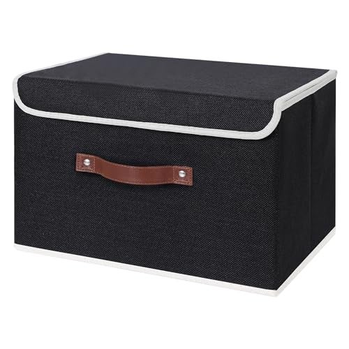 ANMINY Storage Bin with Lid Storage Boxes with PU Leather Handles PP Plastic Board Decorative Foldable Lidded Cotton Linen Fabric Home Cubes Baskets Closet Organizer Container Black Large Size - Image 1