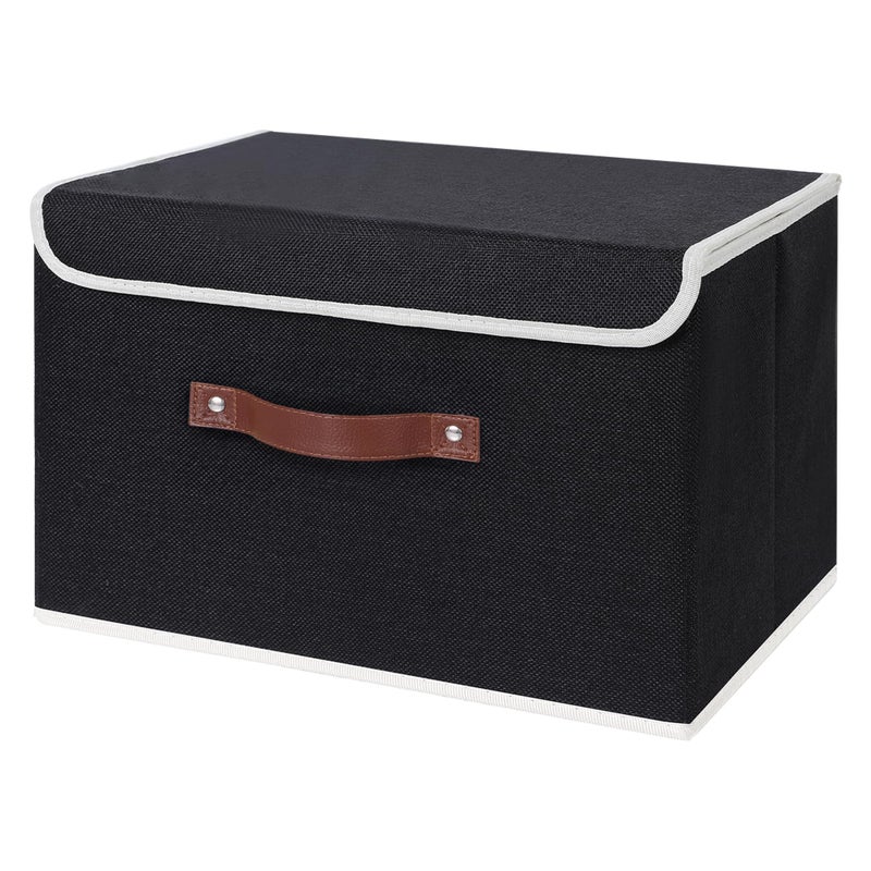 ANMINY Storage Bin with Lid Storage Boxes with PU Leather Handles PP Plastic Board Decorative Foldable Lidded Cotton Linen Fabric Home Cubes Baskets Closet Organizer Container Black Large Size - Image 2