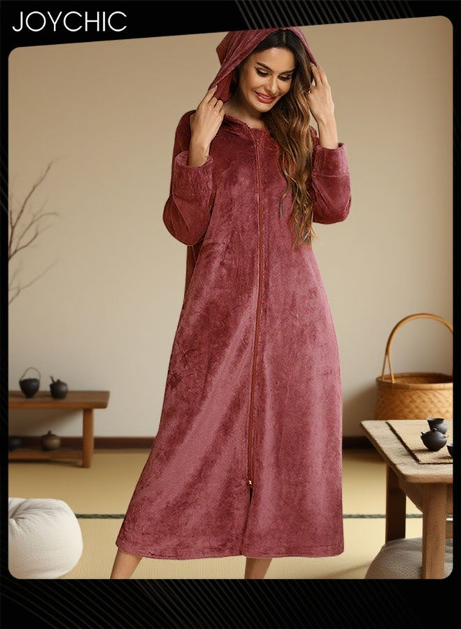 Joychic Long-sleeved Autumn and Winter Flannel Warm and Windproof Nightgown Cardigan Women Zipper Long Bedroom Pajamas with Hat and Pockets Wine Red - Image 2