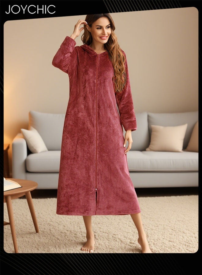 Joychic Long-sleeved Autumn and Winter Flannel Warm and Windproof Nightgown Cardigan Women Zipper Long Bedroom Pajamas with Hat and Pockets Wine Red - Image 3