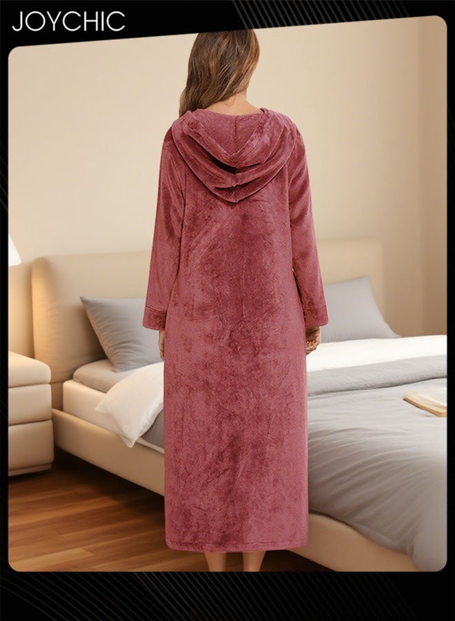 Joychic Long-sleeved Autumn and Winter Flannel Warm and Windproof Nightgown Cardigan Women Zipper Long Bedroom Pajamas with Hat and Pockets Wine Red - Image 4