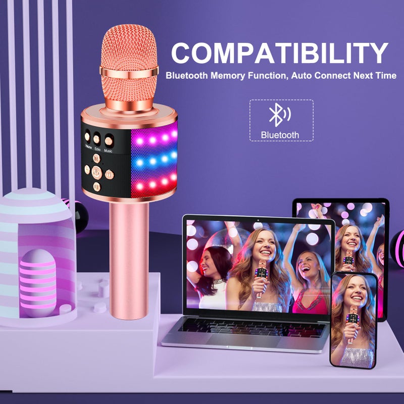 BONAOK Karaoke Microphone for Kids & Adults - Bluetooth Microphones Singing Mic with Disco Lights, Echo Effect, Built-in Speaker Portable Karaoke Player for Party Travel Gifts Q78(Rose Gold) - Image 3