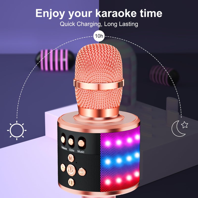 BONAOK Karaoke Microphone for Kids & Adults - Bluetooth Microphones Singing Mic with Disco Lights, Echo Effect, Built-in Speaker Portable Karaoke Player for Party Travel Gifts Q78(Rose Gold) - Image 5