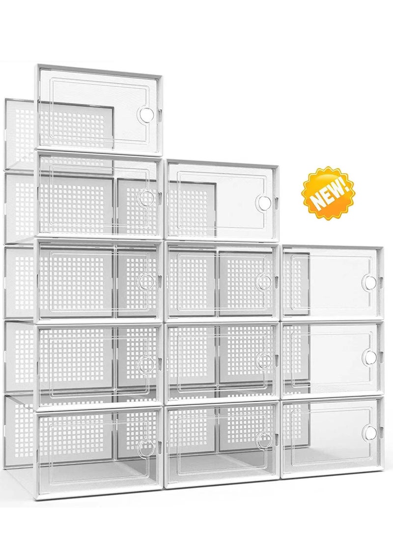 MissTiara صناديق تخزين الأحذية الكبيرة جداً لتنظيم الخزانة 12 حزمة، تناسب الحجم 11، حاويات رياضية بلاستيكية شفافة قابلة للتكديس لمدخل المنزل، رف أحذية موفر للمساحة، وحدة تنظيم بديلة، بيضاء - Image 1
