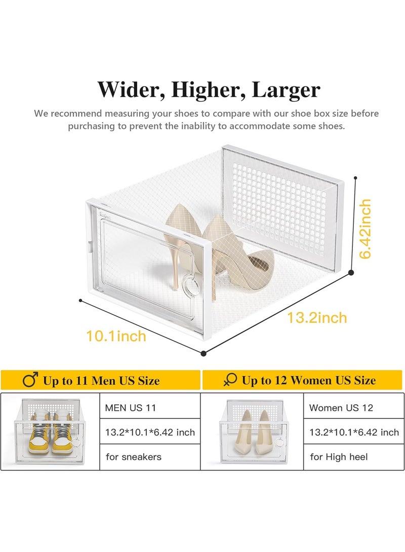 MissTiara صناديق تخزين الأحذية الكبيرة جداً لتنظيم الخزانة 12 حزمة، تناسب الحجم 11، حاويات رياضية بلاستيكية شفافة قابلة للتكديس لمدخل المنزل، رف أحذية موفر للمساحة، وحدة تنظيم بديلة، بيضاء - Image 4