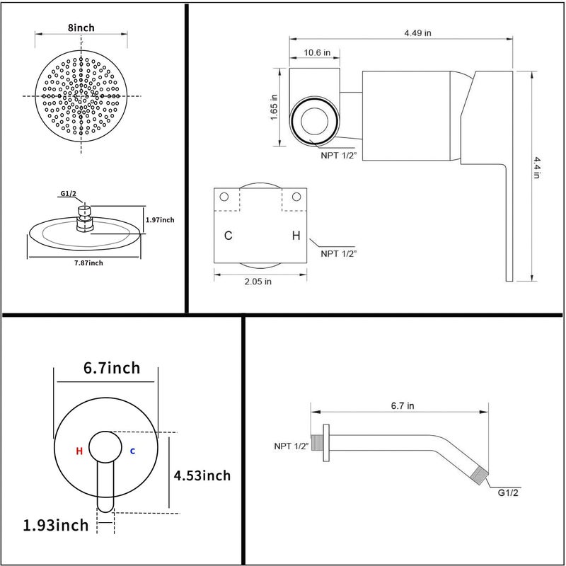 GGStudy Matte Black Shower Faucet Single Function Shower Trim Kit with Rough-in Valve Shower Set Bath Rainfall Shower Faucet System 8inch Round Stainless Steel Metal Shower Head - Image 3