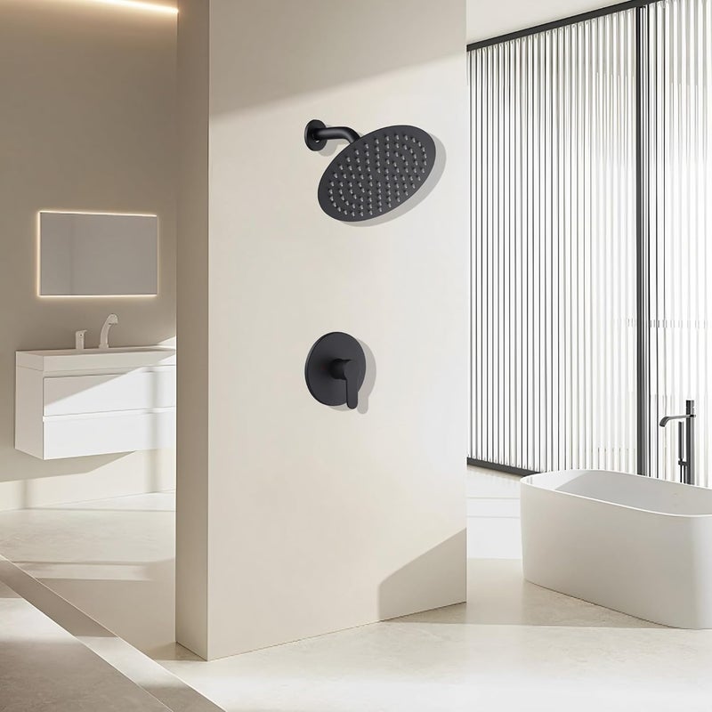 GGStudy Matte Black Shower Faucet Single Function Shower Trim Kit with Rough-in Valve Shower Set Bath Rainfall Shower Faucet System 8inch Round Stainless Steel Metal Shower Head - Image 2
