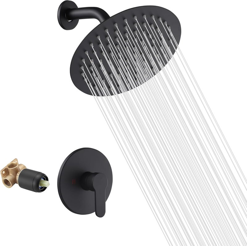 GGStudy Matte Black Shower Faucet Single Function Shower Trim Kit with Rough-in Valve Shower Set Bath Rainfall Shower Faucet System 8inch Round Stainless Steel Metal Shower Head - Image 1