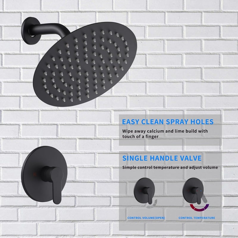 GGStudy Matte Black Shower Faucet Single Function Shower Trim Kit with Rough-in Valve Shower Set Bath Rainfall Shower Faucet System 8inch Round Stainless Steel Metal Shower Head - Image 4