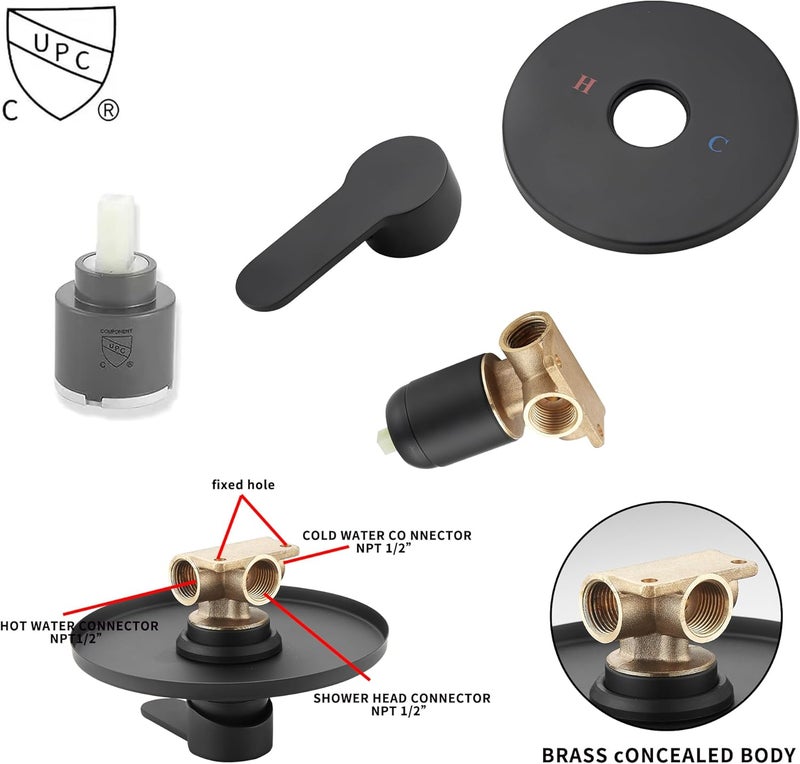GGStudy Matte Black Shower Faucet Single Function Shower Trim Kit with Rough-in Valve Shower Set Bath Rainfall Shower Faucet System 8inch Round Stainless Steel Metal Shower Head - Image 5