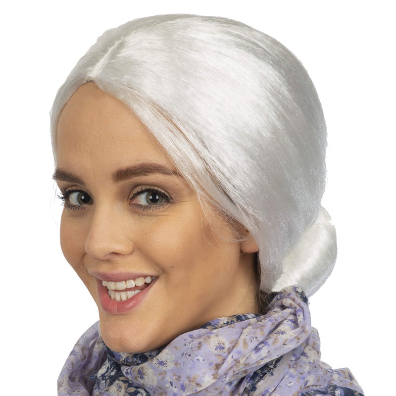 Skeleteen White Old Lady Wig White Granny Costume Accessories Wig with Bun for Adults and Kids
