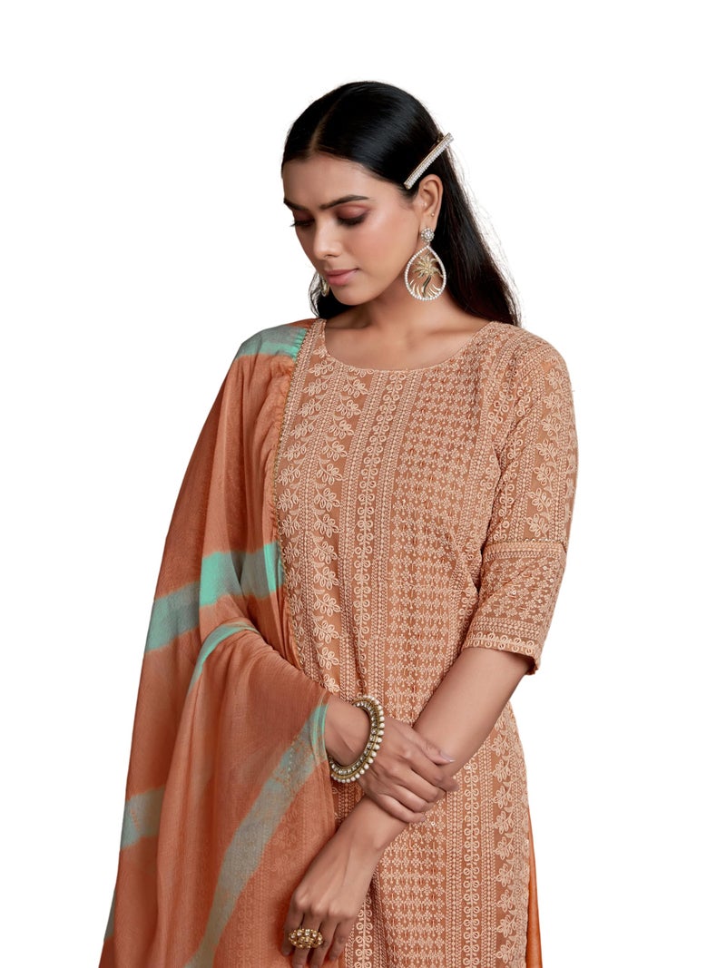 EthnicJunction Women's Schiffli Straight Embroidered Kurta Palazzo With Dupatta Set (Brown) - Image 1