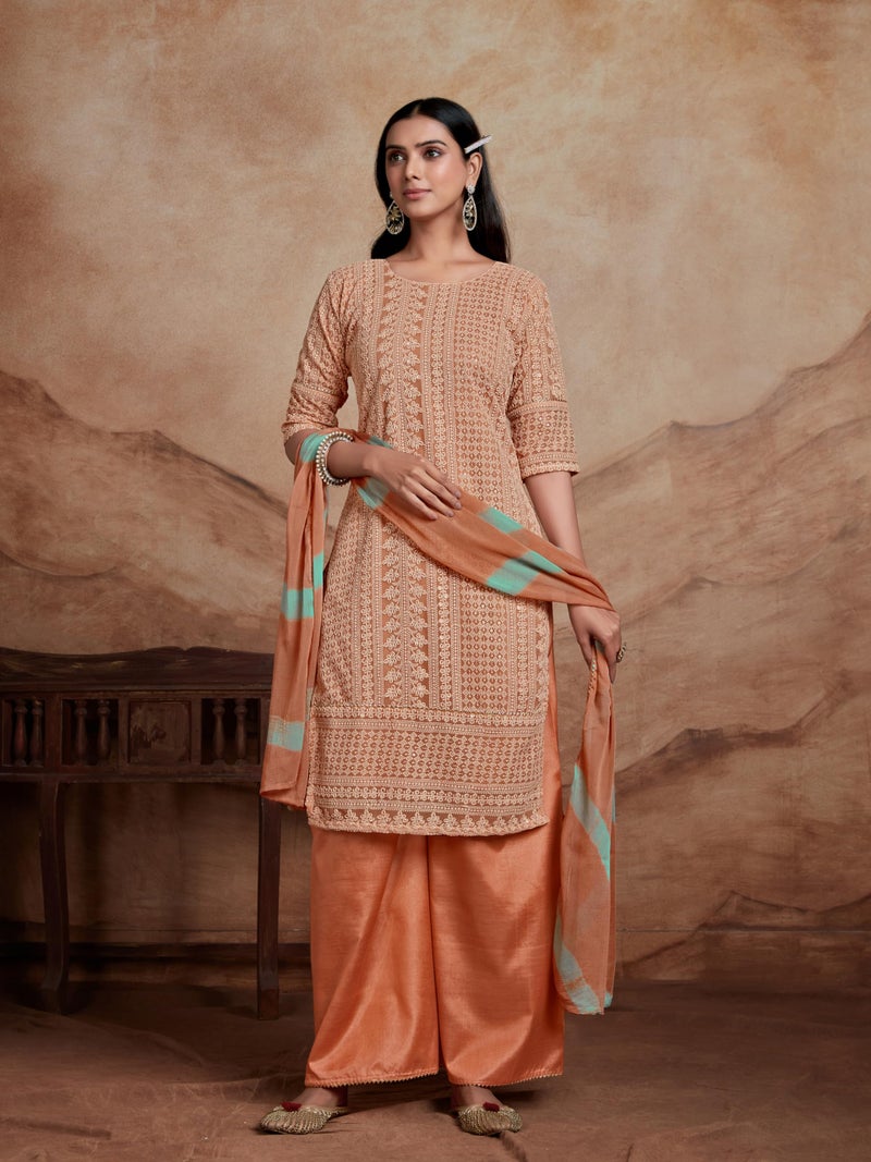EthnicJunction Women's Schiffli Straight Embroidered Kurta Palazzo With Dupatta Set (Brown) - Image 3