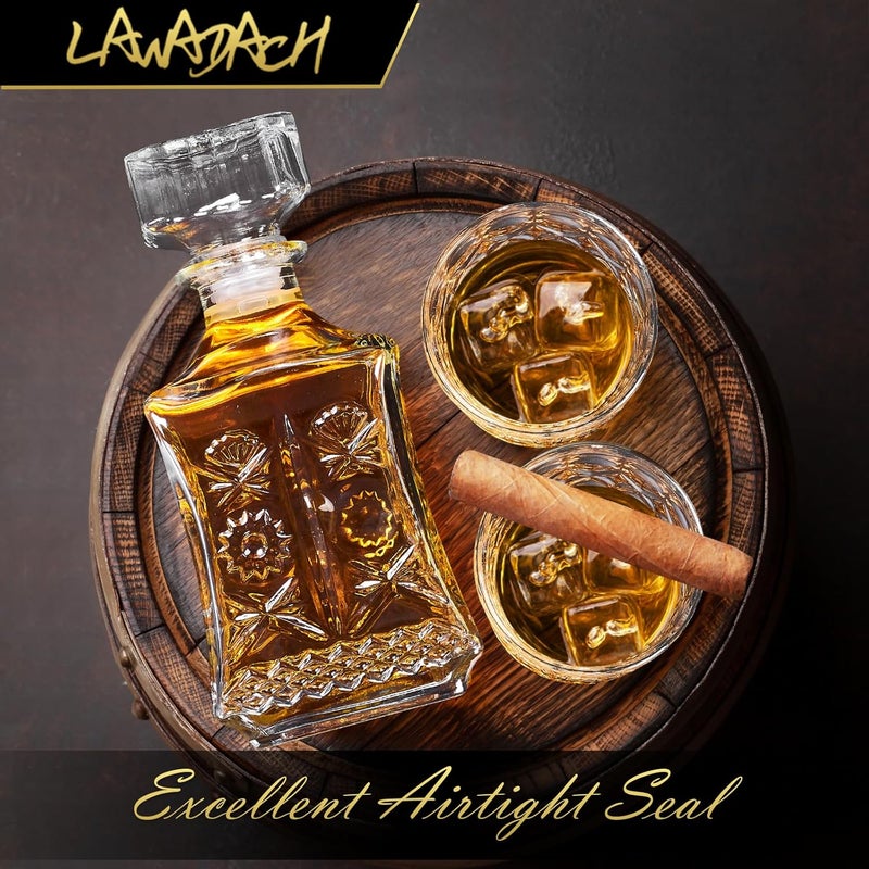 LAWADACH زجاجة ويسكي للرجال، مجموعة زجاجية لتقديم المشروبات مع 2 كأس ويسكي، زجاجة لتكيلا، بوربون، سكوتش، براندي وفودكا، هدية للرجال، ديكور مثالي للبار المنزلي - 28 أونصة - Image 2