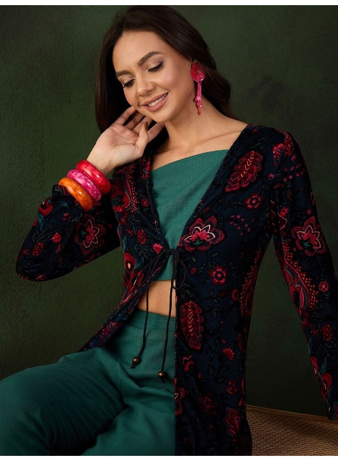 AKS Black And Emerald Velvet Co Ord Set With Velvet Jacket  - Image 1