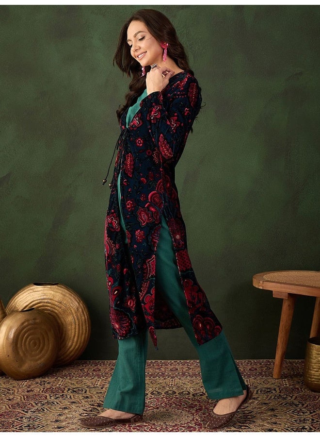 AKS Black And Emerald Velvet Co Ord Set With Velvet Jacket  - Image 3