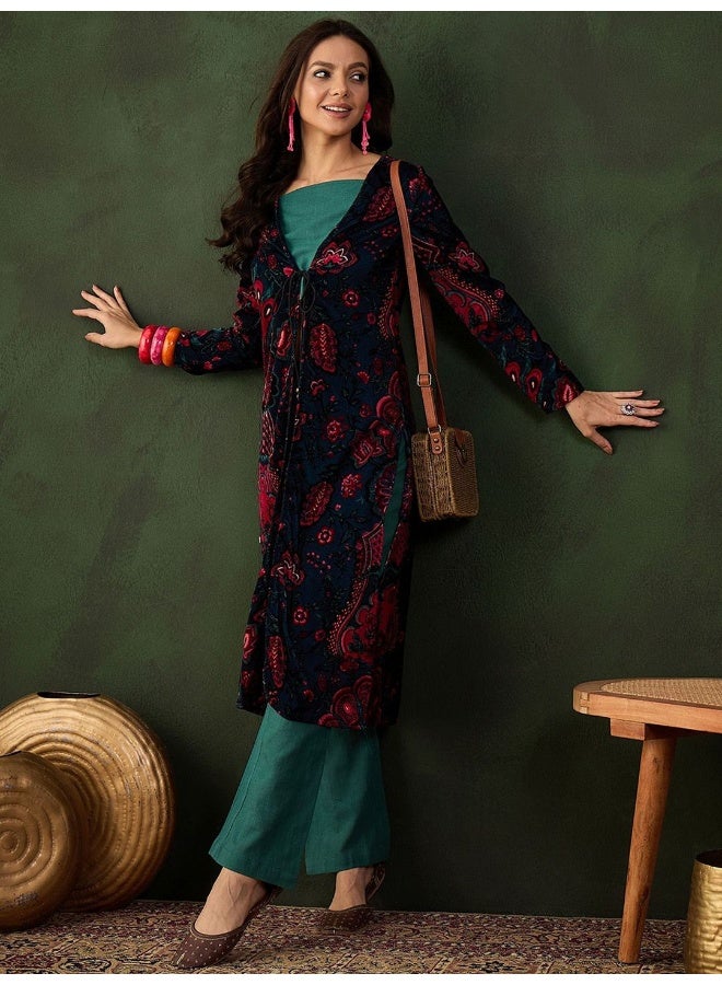 AKS Black And Emerald Velvet Co Ord Set With Velvet Jacket  - Image 4