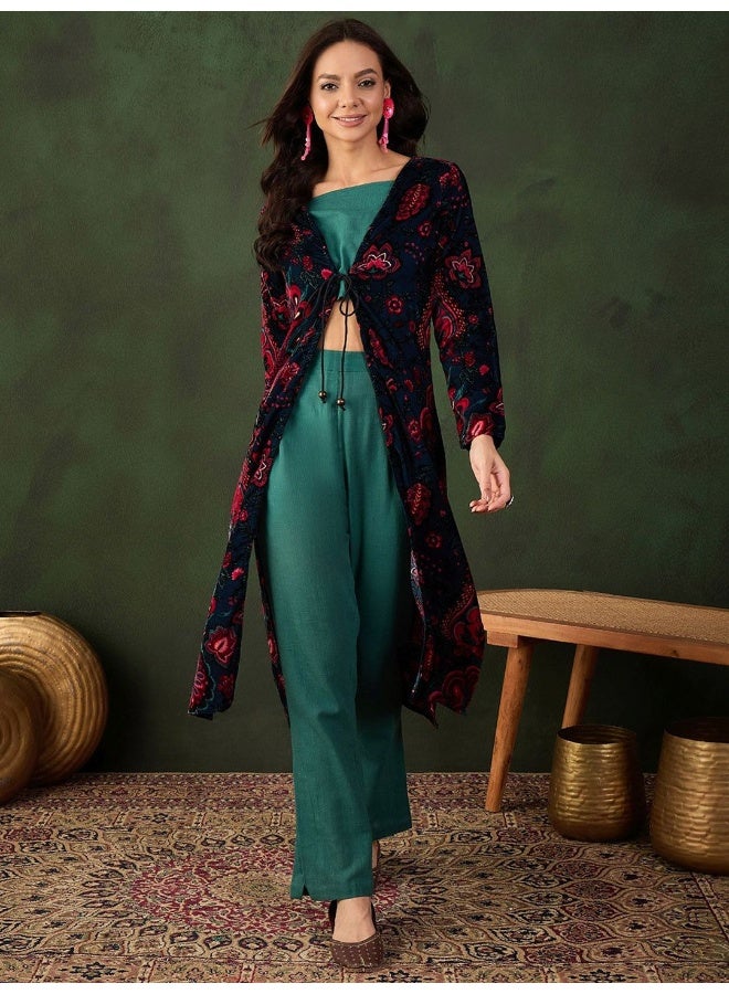 AKS Black And Emerald Velvet Co Ord Set With Velvet Jacket  - Image 2