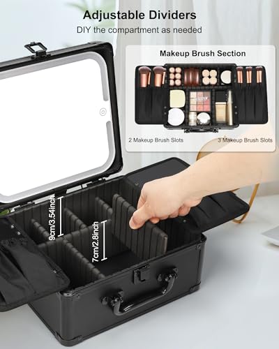 Relavel Makeup Bag with LED Mirror, Makeup Box Travel Train Case with Rechargeable Lighted Mirror & Adjustable Dividers, Cosmetic Brush Organizer Storage for Makeup Artists Gifts for Women and Girls - Image 2