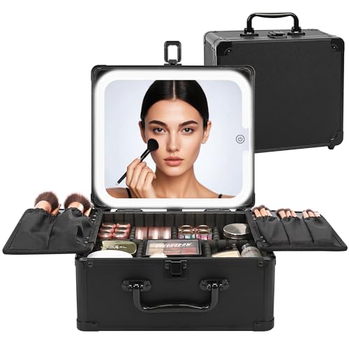 Relavel Makeup Bag with LED Mirror, Makeup Box Travel Train Case with Rechargeable Lighted Mirror & Adjustable Dividers, Cosmetic Brush Organizer Storage for Makeup Artists Gifts for Women and Girls - Image 1
