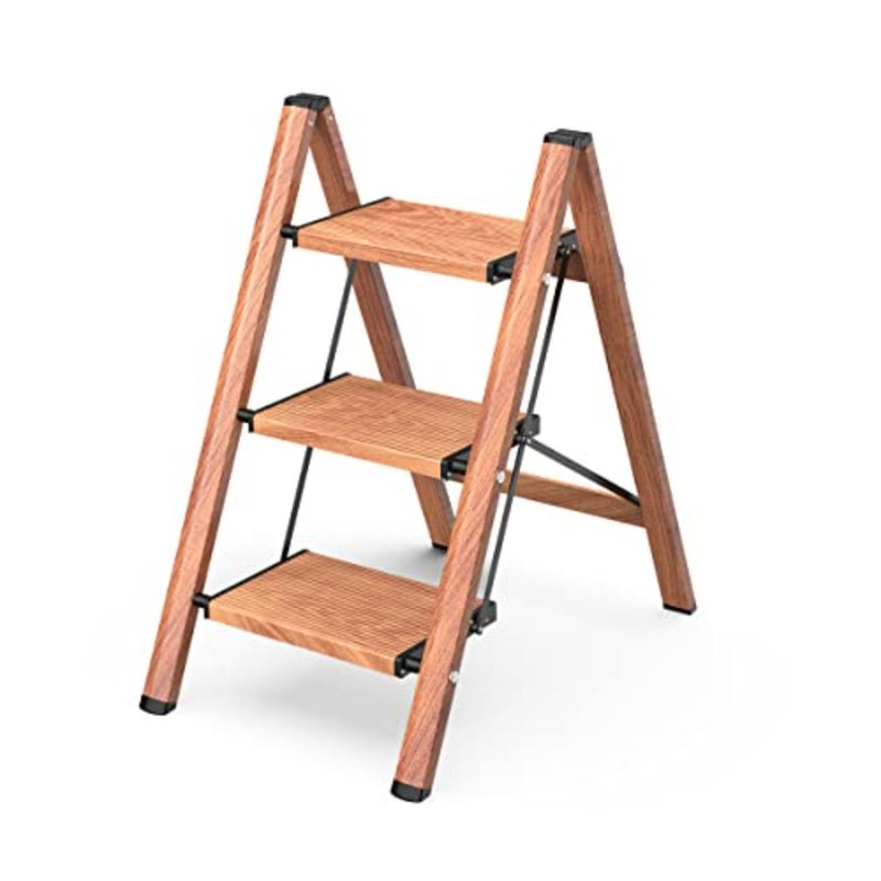 3 Step Ladder, Aluminum Folding Step Stool for Home and Kitchen Use, Lightweight Portable Space-Saving Design with Anti-Slip Wide Pedal, Woodgrain Finish, Supports 330 lbs - Image 1