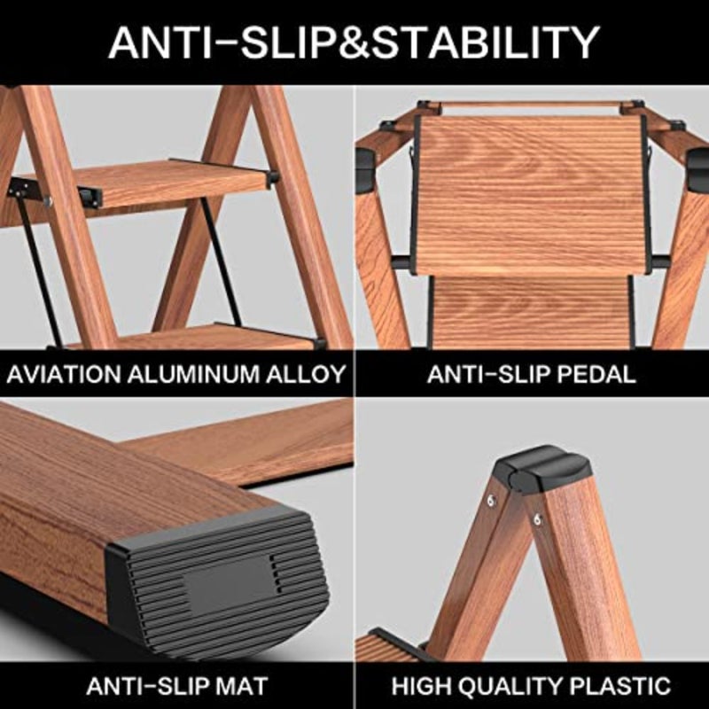 3 Step Ladder, Aluminum Folding Step Stool for Home and Kitchen Use, Lightweight Portable Space-Saving Design with Anti-Slip Wide Pedal, Woodgrain Finish, Supports 330 lbs - Image 4