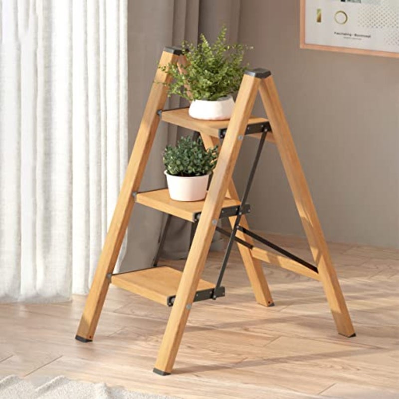 3 Step Ladder, Aluminum Folding Step Stool for Home and Kitchen Use, Lightweight Portable Space-Saving Design with Anti-Slip Wide Pedal, Woodgrain Finish, Supports 330 lbs - Image 3