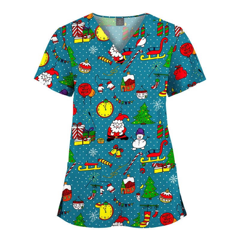 Elastic Christmas Pattern Comfortable Plus Size Cartoon Nurses' Clothing Printed Dental Dentist Work Clothes - Image 1