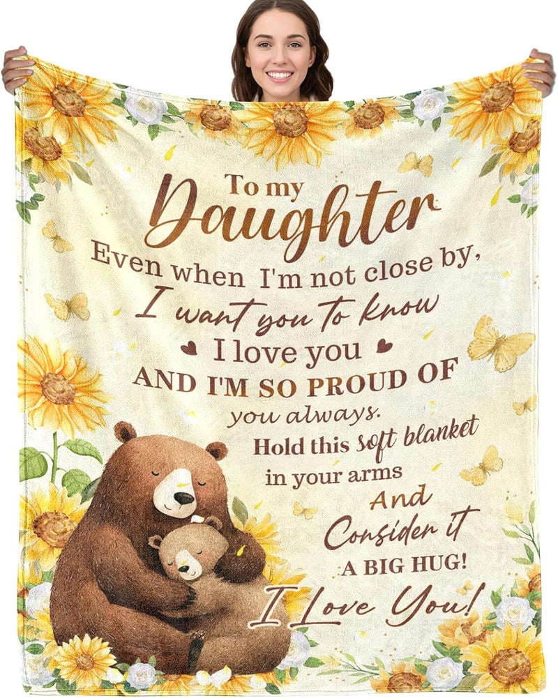 BUUGVIIL Daughter Gifts from Mom Dad, to My Daughter Blanket from Parents, Christmas Birthday Graduation Gifts for Daughters Sunflower Bear Soft Flannel Throw Blanket 50"x60" - Image 1