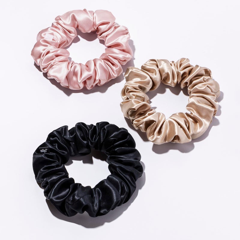slip Large Scrunchie Multi | Set of 3 Pure Silk Large Scrunchies | Includes 1 Pink, 1 Caramel, 1 Black | 100% Mulberry Silk, Anti-Crease, Gentle on Hair, Reduces Breakage | Stylish & Durable - Image 5