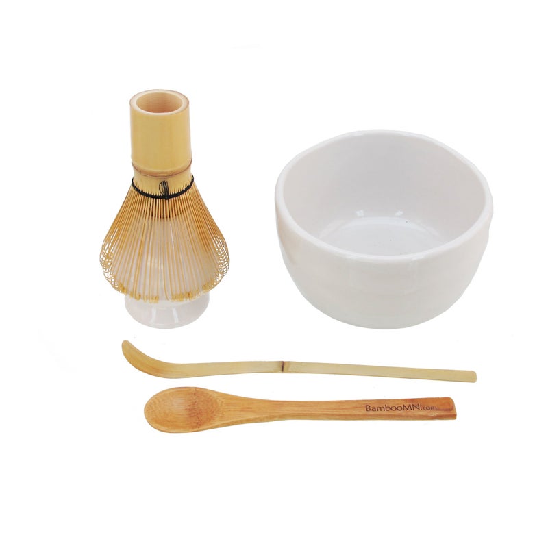 BambooMN Matcha Bowl Set (Includes Bowl, Rest, Tea Whisk, Chasaku & Tea Spoon) 1 Set White - Image 1