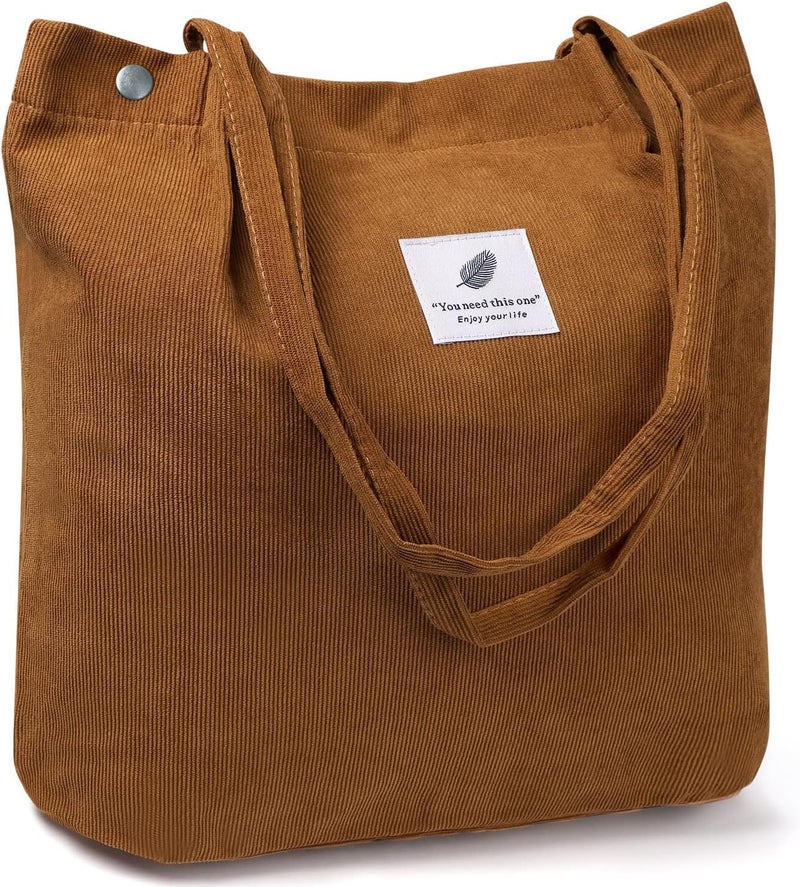 Kawn ® Women Corduroy Tote Bag Canvas Shoulder Purse Reusable Shopping Bag Grocery Bag Large Capacity Washable Handbag Girls Shoulder Bag with Inner Pocket For Daily Use Work Travel - Image 1