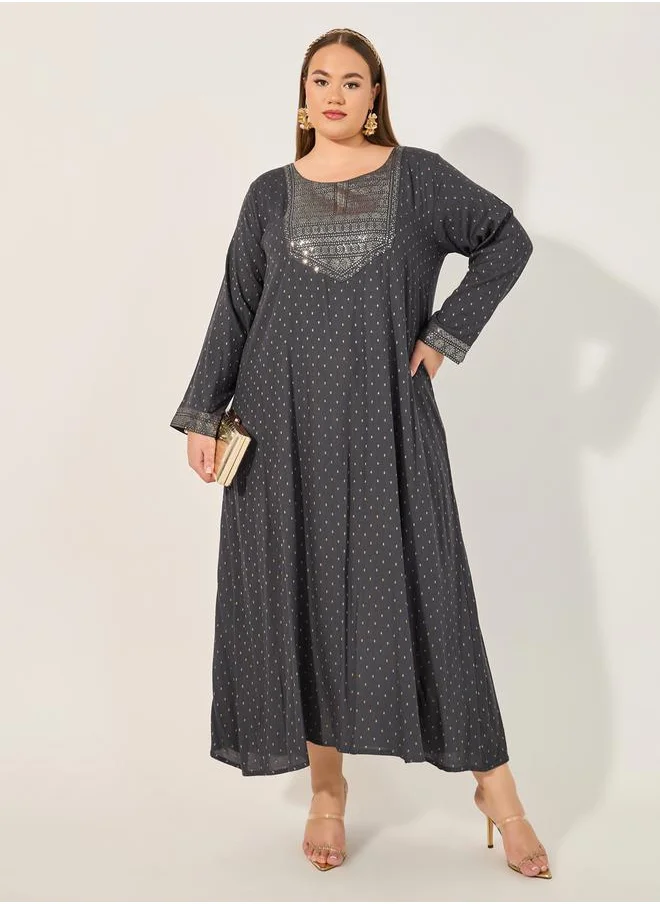 ستايلي Embroidered Round Neck A-Line Jalabyia