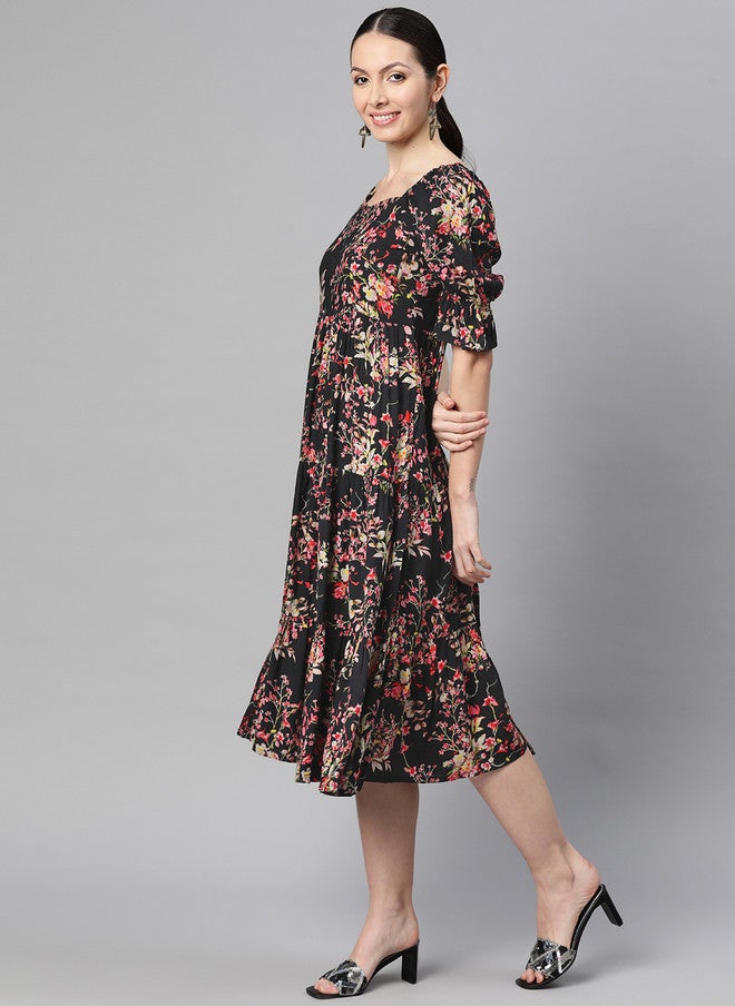 Indibelle Floral Print Puff Sleeve A-Line Midi Dress - Image 3