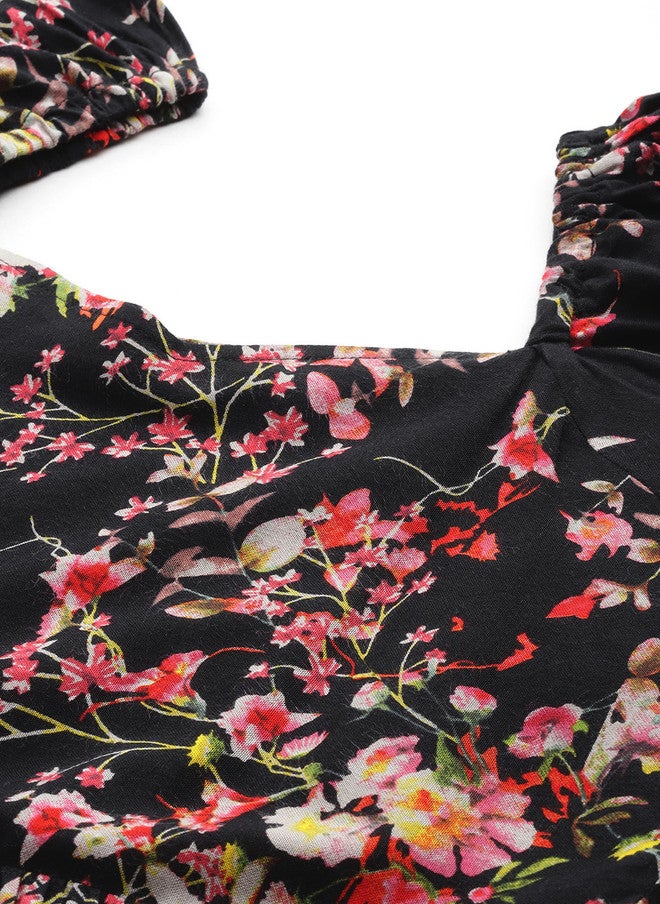 Indibelle Floral Print Puff Sleeve A-Line Midi Dress - Image 2
