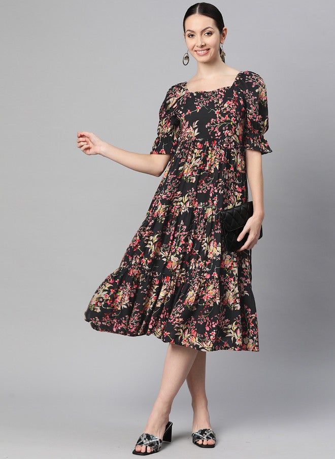 Indibelle Floral Print Puff Sleeve A-Line Midi Dress - Image 5