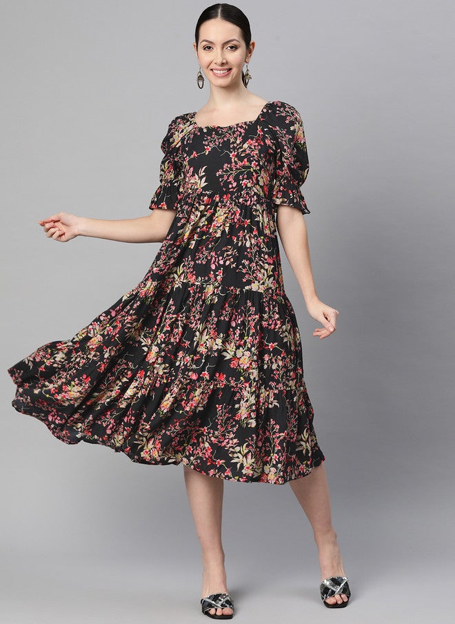 Indibelle Floral Print Puff Sleeve A-Line Midi Dress - Image 1