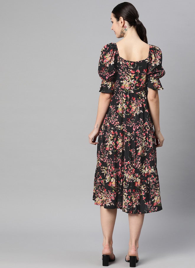 Indibelle Floral Print Puff Sleeve A-Line Midi Dress - Image 4
